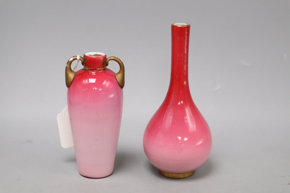 Two Bohemian gilt enamel pink glass vases, possibly Moser, tallest 18cm